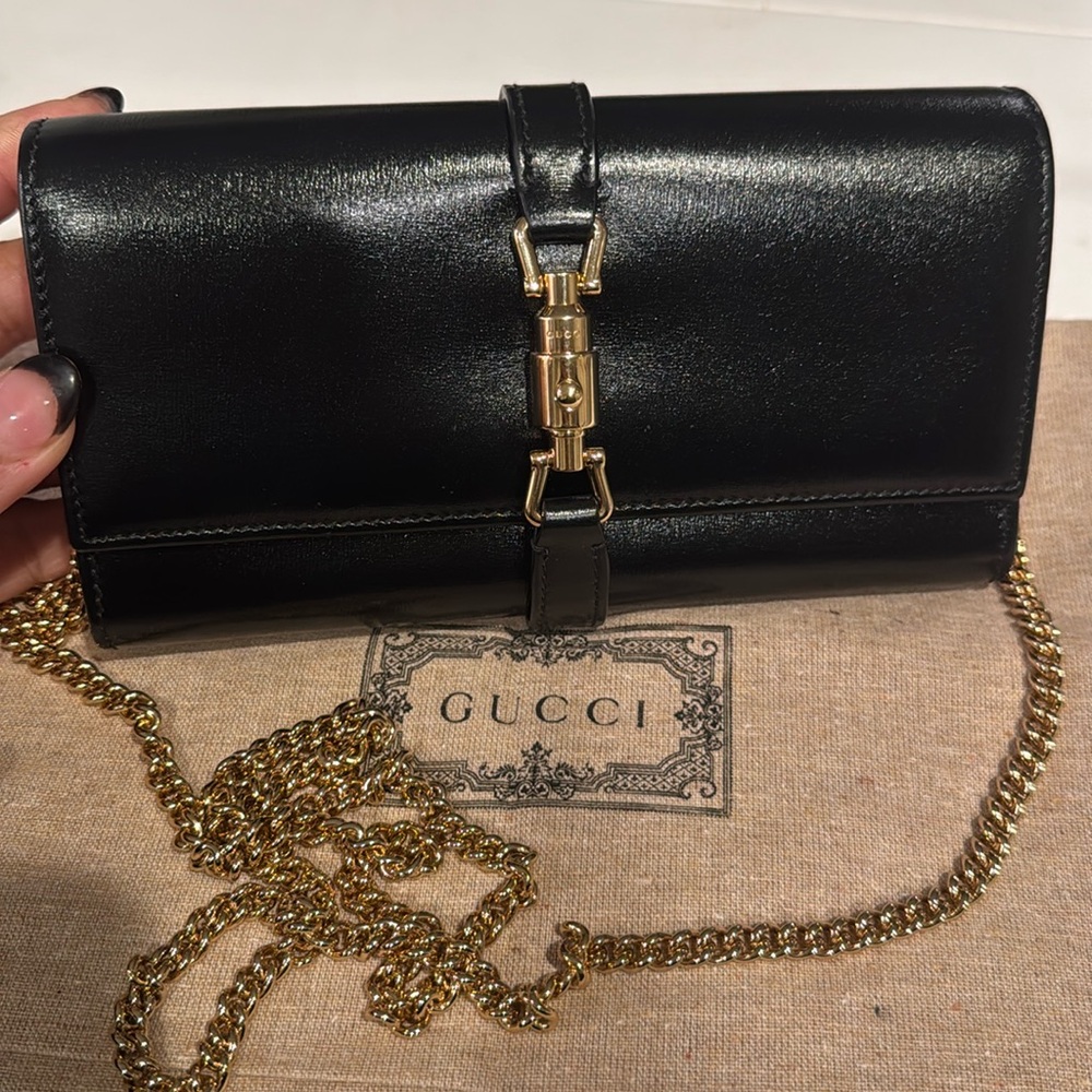 Gucci Jackie 1961 Leather Chain Wallet Black 652681